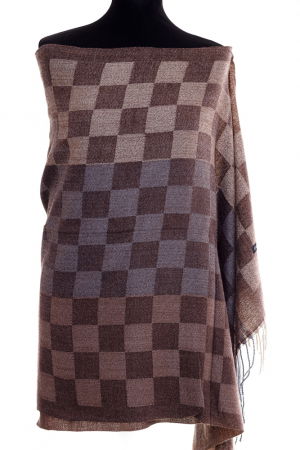 Eșarfe tip Cashmere - Esarfa casmir unisex cu imprimeu tabla de sah pe fond maron