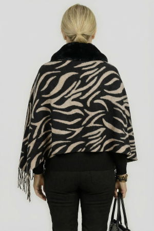 Eșarfă eleganta cu blăniță ecologică pe centru și franjuri decorativi, imprimeu negru cu bej [1]