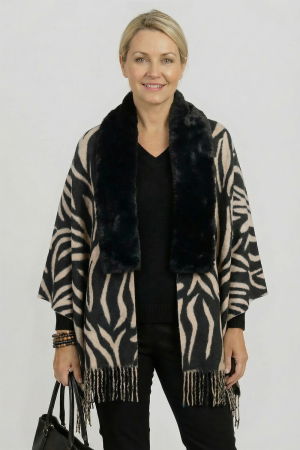 ACCESORII DAMĂ - Eșarfă eleganta cu blăniță ecologică pe centru și franjuri decorativi, imprimeu negru cu bej