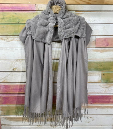 Eșarfă cu blăniță ecologică pe centru și franjuri decorative, gri deschis [1]
