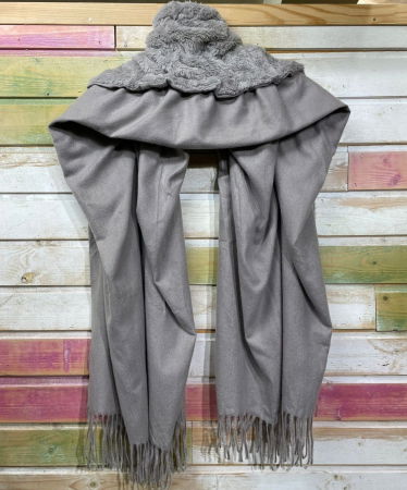 Eșarfă cu blăniță ecologică pe centru și franjuri decorative, gri deschis [2]