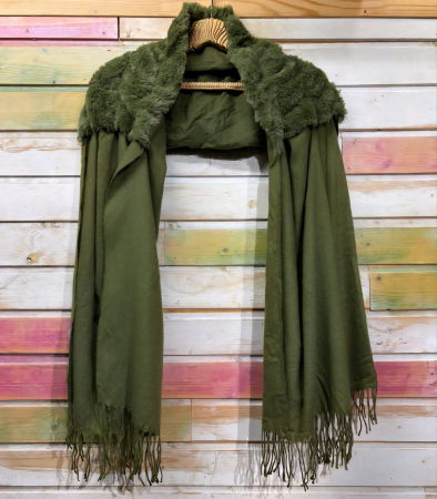 Eșarfă cu blăniță ecologică pe centru și franjuri decorative, kaki [1]