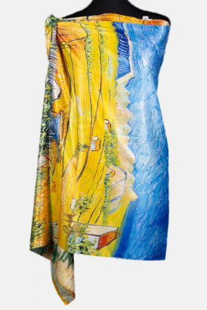 Eșarfe din Mătase - Esarfa cu doua fete, din matase, cu imeprimeu campenesc pe nuante de galben si albastru