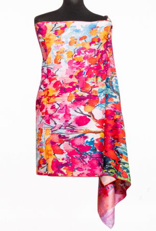 Esarfa cu doua fete, din matase, cu imeprimeu pisica cu flori pe nuante de fucsia si rosu [1]