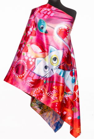 Eșarfe din Mătase - Esarfa cu doua fete, din matase, cu imeprimeu pisica cu flori pe nuante de fucsia si rosu