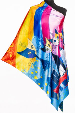 Eșarfe din Mătase - Esarfa cu doua fete, din matase, cu imprimeu 4 pisici multicolore