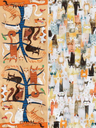 Esarfa cu doua fete, din matase, cu imprimeu diferite pisici in copac pe fond camel [2]