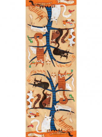 Esarfa cu doua fete, din matase, cu imprimeu diferite pisici in copac pe fond camel [3]