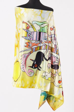 Eșarfe din Mătase - Esarfa cu doua fete, din matase, cu imprimeu diferite pisici in copac si floarea soarelui