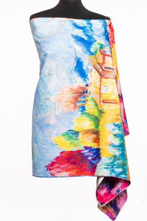 Esarfa cu doua fete, din matase, cu imprimeu pisici tigrate pe fond albastru [1]