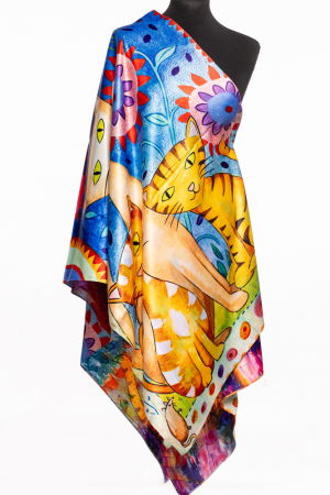 Eșarfe din Mătase - Esarfa cu doua fete, din matase, cu imprimeu pisici tigrate pe fond albastru