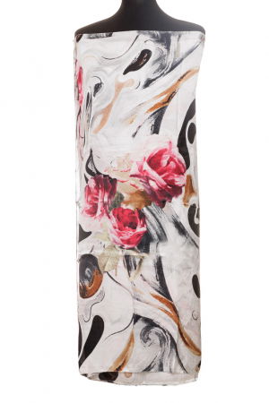 ACCESORII DAMĂ - Esarfa din matase, cu imprimeu flori fucsia pe fond alb-argintiu