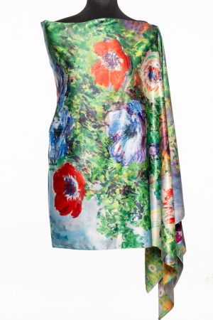 Eșarfe din Mătase - Esarfa cu doua fete, din matase, cu imprimeu maci pe fond verde
