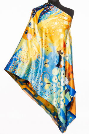 Eșarfe din Mătase - Esarfa cu doua fete, din matase, cu imprimeu pisici si soare in nuante de albastru