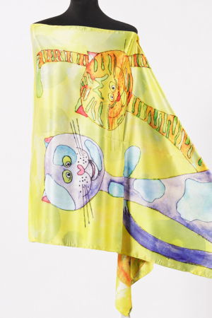 Eșarfe din Mătase - Esarfa cu doua fete, din matase, cu imprimeu pisici cu gatul lung si flori