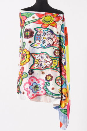 Eșarfe din Mătase - Esarfa cu doua fete, din matase, cu imprimeu pisici impodobite si flori