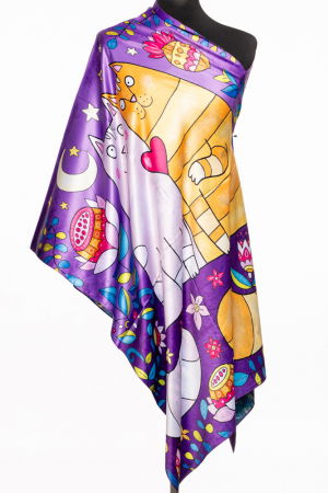 Eșarfe din Mătase - Esarfa cu doua fete, din matase, cu imprimeu doua pisici imbratisate in nuante de mov