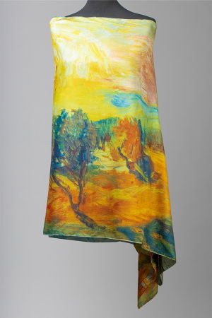 Esarfa cu doua fete, din matase, imprimata cu reproducere dupa "Barci pe plaja" de Van Gogh [1]