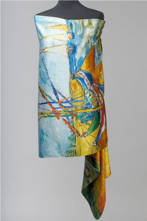 Eșarfe din Mătase - Esarfa cu doua fete, din matase, imprimata cu reproducere dupa "Barci pe plaja" de Van Gogh