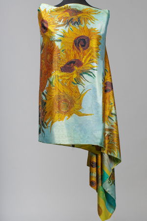 Eșarfe din Mătase - Esarfa cu doua fete, din matase, imprimata cu reproducere dupa "Floarea Soarelui" a lui Van Gogh