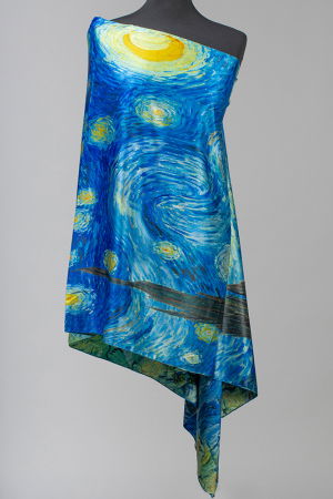 Eșarfe din Mătase - Esarfa cu doua fete, din matase, imprimata cu reproducere dupa "Noaptea Instelata' a lui Van Gogh