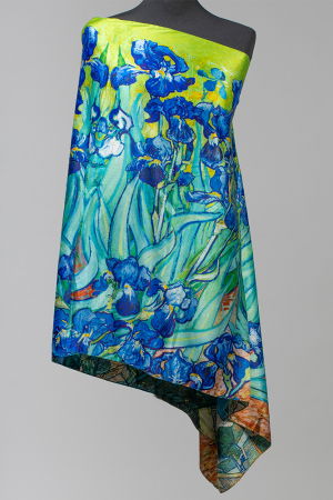 Esarfa cu doua fete, din matase, imprimata cu reproducere dupa " Irisi''  - de Van Gogh