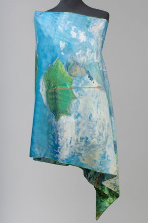 Esarfa cu doua fete, din matase, imprimata cu reproducere dupa Claude Monet " Femeia cu umberala de soare "