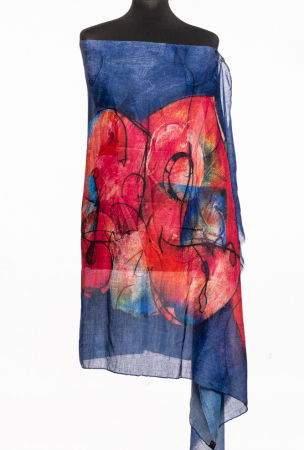 Eșarfe din Bumbac - Esarfa din bumbac cu pictura abstracta in culori intense pe fond in nuante de albastru inchis