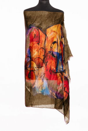 ACCESORII DAMĂ - Esarfa din bumbac cu pictura abstracta in culori intense pe fond in nuante de maroniu