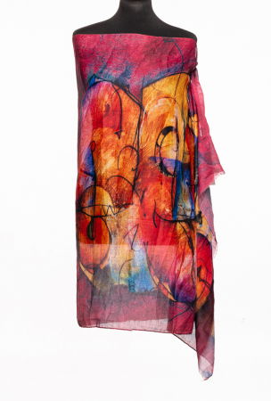 ACCESORII DAMĂ - Esarfa din bumbac cu pictura abstracta in culori intense pe fond in nuante de bordo si portocaliu