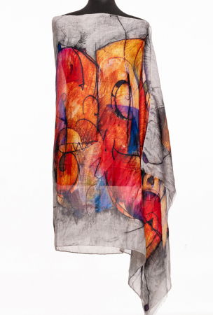 PLAJĂ SI VACANȚĂ - Esarfa din bumbac cu pictura abstracta in culori intense pe fond de nuante de gri