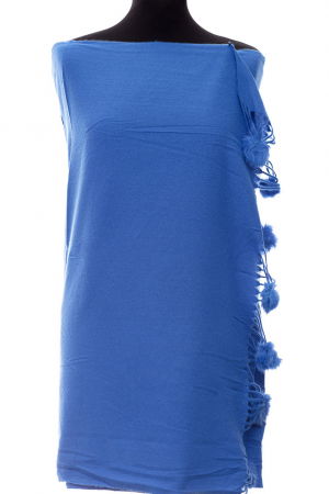 Eșarfe tip Cashmere - Esarfa din casmir cu ciucuri din blanita naturala, albastra