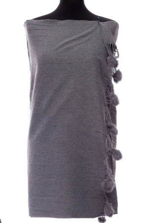 Eșarfe tip Cashmere - Esarfa din casmir cu ciucuri din blanita naturala, gri