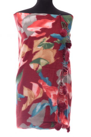 Eșarfe tip Cashmere - Esarfa din casmir cu ciucuri din blanita naturala, multicolor pe fond bordo