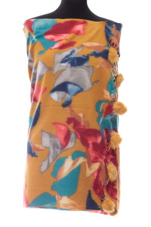 Eșarfe tip Cashmere - Esarfa din casmir cu ciucuri din blanita naturala, multicolor pe fond mustar