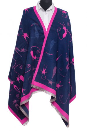 ACCESORII DAMĂ - Esarfa din casmir cu dubla fata cu pisici stilizate cu bleumarin si fucsia