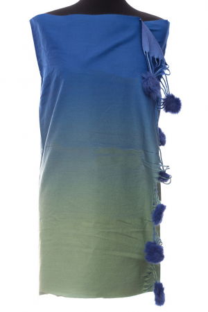 Eșarfe tip Cashmere - Esarfa din casmir cu fata dubla si ciucuri din blanita naturala, degrade-albastru