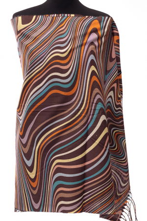 Eșarfe tip Cashmere - Esarfa din casmir cu linii curbe multicolore pe fond maro