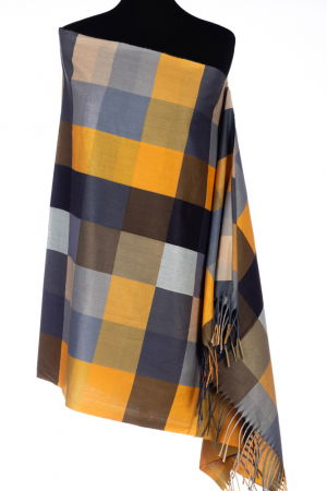 Eșarfe tip Cashmere - Esarfa din casmir cu patrate in nuante de galben mustar si gri