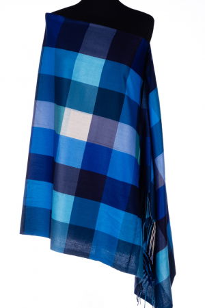 Eșarfe tip Cashmere - Esarfa din casmir cu patrate in nuante de albastru, verde si bleumarin