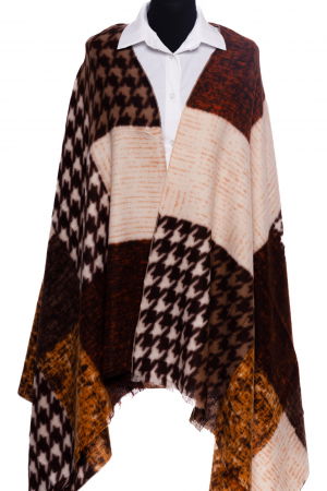 Eșarfe tip Cashmere - Esarfa din casmir cu patrate si jocuri de linii in caramiziu, maro si bej
