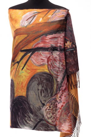Eșarfe tip Cashmere - Esarfa din casmir cu pictura stilizata vegetala in culori intense de caramiziu si galben