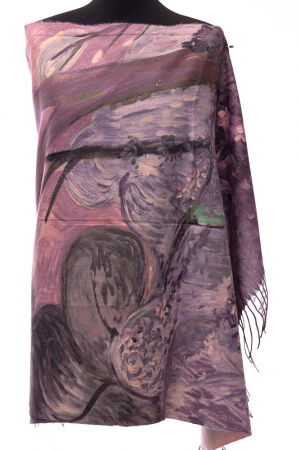 Eșarfe tip Cashmere - Esarfa din casmir cu pictura stilizata vegetala in culori intense de mov si lila