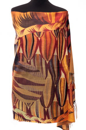 Esarfa din casmir joc alegoric in culori intense de bordo si galben