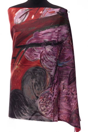 Eșarfe tip Cashmere - Esarfa din casmir cu pictura stilizata vegetala in culori intense de bordo si rosu inchis