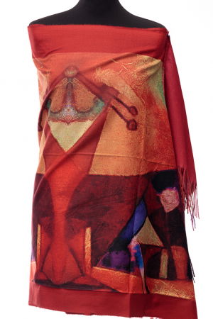 Eșarfe tip Cashmere - Esarfa din casmir pictura abstracta in culori intense de bordo si rosu inchis