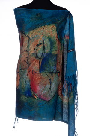 Eșarfe tip Cashmere - Esarfa din casmir pictura abstracta in culori intense pe fond turcoaz inchis