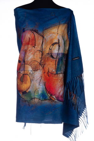 Eșarfe tip Cashmere - Esarfa din casmir pictura abstracta in culori intense pe fond albastru