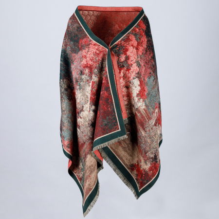Esarfa din lana si bumbac cu imprimeu pictural cu corai, rosu si verde [2]