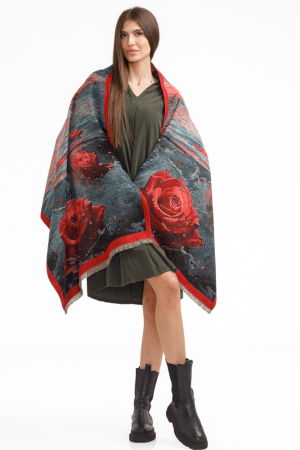 Eșarfe tip Cashmere - Esarfa din lana si bumbac cu imprimeu vibrant cu rosu si verde